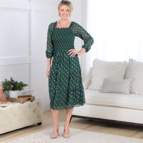 NWT Denim & Co. Canyon Retreat Smocked Jacquard Midi Dress - Evergreen - 1X - Picture 1 of 4